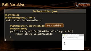 35
Path Variables
@Controller
@RequestMapping("/cat")
public class CatController {
@GetMapping("/edit/{catId}")
@ResponseBody
public String editCat(@PathVariable long catId){
return String.valueOf(catId);
}
}
CatController.java
Path Variable
 