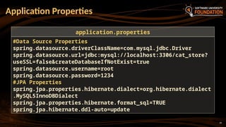 39
Application Properties
#Data Source Properties
spring.datasource.driverClassName=com.mysql.jdbc.Driver
spring.datasource.url=jdbc:mysql://localhost:3306/cat_store?
useSSL=false&createDatabaseIfNotExist=true
spring.datasource.username=root
spring.datasource.password=1234
#JPA Properties
spring.jpa.properties.hibernate.dialect=org.hibernate.dialect
.MySQL5InnoDBDialect
spring.jpa.properties.hibernate.format_sql=TRUE
spring.jpa.hibernate.ddl-auto=update
application.properties
 