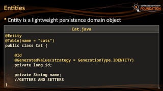 40
 Entity is a lightweight persistence domain object
Entities
@Entity
@Table(name = "cats")
public class Cat {
@Id
@GeneratedValue(strategy = GenerationType.IDENTITY)
private long id;
private String name;
//GETTERS AND SETTERS
}
Cat.java
 