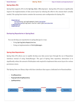 Hamid Ghorbani (Spring Boot) https://ir.linkedin.com/in/ghorbanihamid
Spring Data JPA:
Spring Data supports JPA via the Spring Data JPA subproject. Spring Data JPA aims to significantly
improve the implementation of data access layers by reducing the effort to the amount that’s actually
needed. The spring-boot-starter contains the necessary auto-configuration for Spring JPA:
<dependency>
<groupId>org.springframework.boot</groupId>
<artifactId>spring-boot-starter-data-jpa</artifactId>
</dependency>
<dependency>
Devlopring Repositories in Spring Boot:
You can develop you repositories in spring data jpa in 2 way:
- Using Spring Data Repositories.
- Using an implementation of EntityManager.
Spring Data Repositories:
Spring Data JPA allows you to rapidly develop your data access layer through the use of Repository
interfaces instead of using EntityManager. The goal of Spring Data repository abstraction is to
significantly reduce the amount of boilerplate code required to implement data access layers for various
persistence stores.
The Spring Data core library ships with three interfaces that expose a dedicated set of functionalities:
- CrudRepository
- PagingAndSortingRepository
- JpaRepository
 