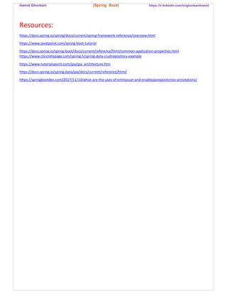 Hamid Ghorbani (Spring Boot) https://ir.linkedin.com/in/ghorbanihamid
Resources:
https://docs.spring.io/spring/docs/current/spring-framework-reference/overview.html
https://www.javatpoint.com/spring-boot-tutorial
https://docs.spring.io/spring-boot/docs/current/reference/html/common-application-properties.html
https://www.concretepage.com/spring-5/spring-data-crudrepository-example
https://www.tutorialspoint.com/jpa/jpa_architecture.htm
https://docs.spring.io/spring-data/jpa/docs/current/reference/html/
h ps://springbootdev.com/2017/11/13/what-are-the-uses-of-entityscan-and-enablejparepositories-annotations/
 
