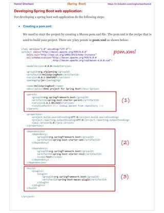 Hamid Ghorbani (Spring Boot) https://ir.linkedin.com/in/ghorbanihamid
Developing Spring Boot web application:
For developing a spring boot web application do the following steps:
 Creating a pom.xml:
We need to start the project by creating a Maven pom.xml file. The pom.xml is the recipe that is
used to build your project. There are 3 key points in pom.xml as shown below:
 