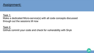 34
Assignment:
Task 1:
Make a dedicated Micro-service(s) with all code concepts discussed
through out the sessions till now
Task 2:
GitHub commit your code and check for vulnerability with Snyk
 