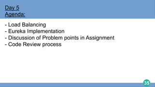 35
Day 5
Agenda:
- Load Balancing
- Eureka Implementation
- Discussion of Problem points in Assignment
- Code Review process
 