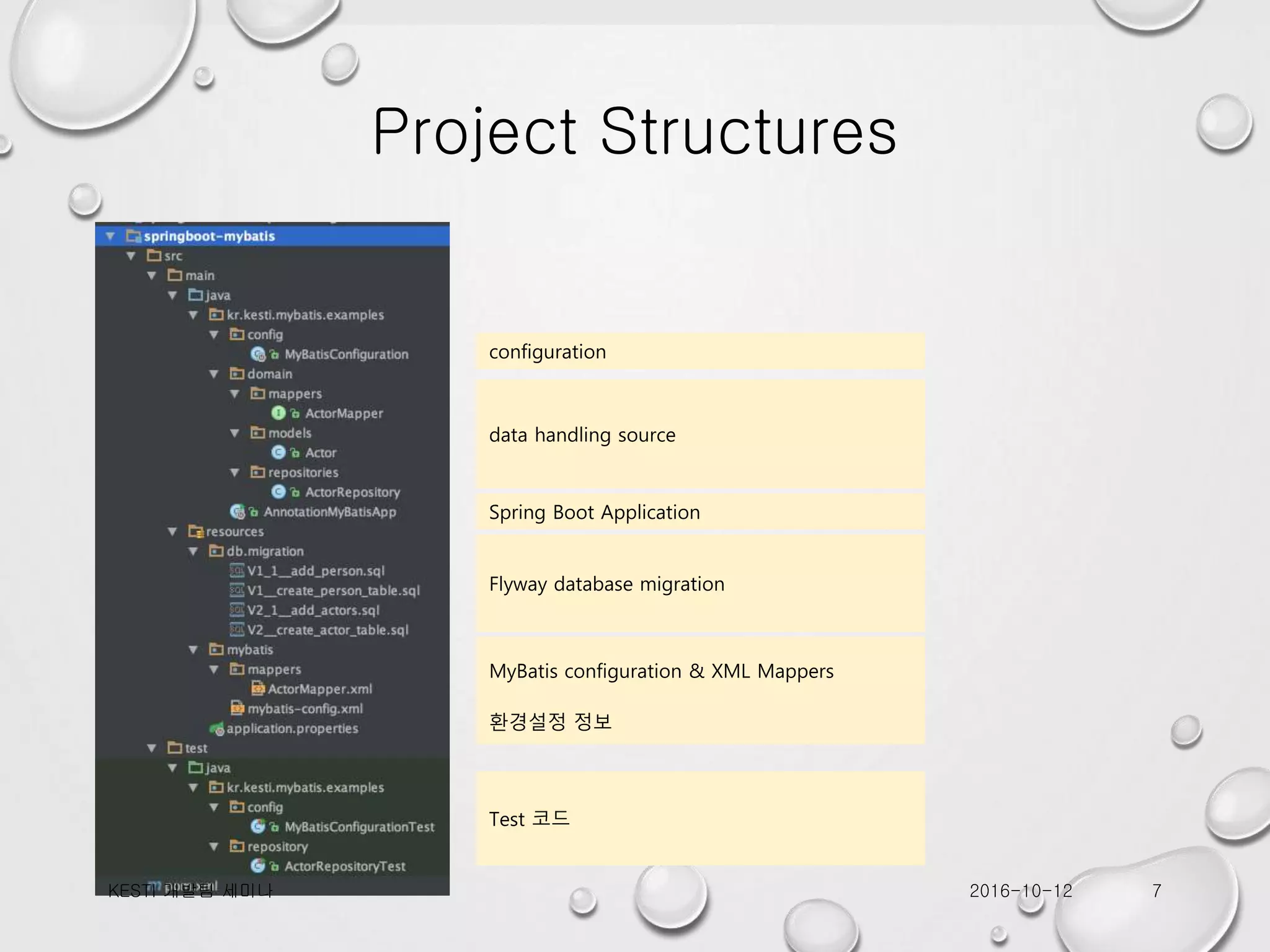 Project Structures configuration data handling source Spring Boot Application Flyway database migration MyBatis configuration & XML Mappers 환경설정 정보 Test 코드 2016-10-12KESTI 개발팀 세미나 7 
