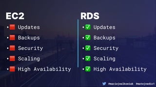 @maciejwalkowiak @matejnedic1
EC2
•! Updates
•! Backups
•! Security
•! Scaling
•! High Availability
RDS
•✅ Updates
•✅ Backups
•✅ Security
•✅ Scaling
•✅ High Availability
 