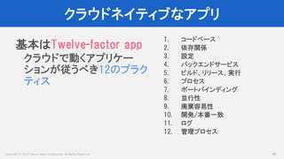Copyright © 2017 Yahoo Japan Corporation. All Rights Reserved.
クラウドネイティブなアプリ
49
基本はTwelve-factor app
クラウドで動くアプリケー
ションが従うべき12のプラク
ティス
1. コードベース
2. 依存関係
3. 設定
4. バックエンドサービス
5. ビルド、リリース、実行
6. プロセス
7. ポートバインディング
8. 並行性
9. 廃棄容易性
10. 開発/本番一致
11. ログ
12. 管理プロセス
 