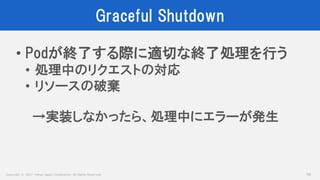 Copyright © 2017 Yahoo Japan Corporation. All Rights Reserved.
Graceful Shutdown
59
• Podが終了する際に適切な終了処理を行う
• 処理中のリクエストの対応
• リソースの破棄
→実装しなかったら、処理中にエラーが発生
 