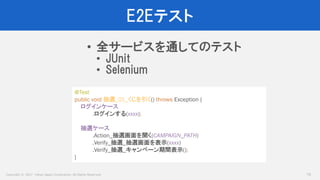 Copyright © 2017 Yahoo Japan Corporation. All Rights Reserved.
E2Eテスト
70
• 全サービスを通してのテスト
• JUnit
• Selenium
@Test
public void 抽選_01_くじを引く() throws Exception {
ログインケース
.ログインする(xxxx);
抽選ケース
.Action_抽選画面を開く(CAMPAIGN_PATH)
.Verify_抽選_抽選画面を表示(xxxx)
.Verify_抽選_キャンペーン期間表示();
}
 