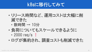 Copyright © 2017 Yahoo Japan Corporation. All Rights Reserved.
k8sに移行してみて
82
• リリース時間など、運用コストは大幅に削
減できた
• 数時間 → 10分
• 負荷についてもスケールできるように
• 2000 req/s ↑
• ログが集約され、調査コストも削減できた
 
