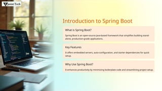 Introduction to Spring Boot
What is Spring Boot?
Spring Boot is an open-source Java-based framework that simplifies building stand-
alone, production-grade applications.
Key Features
It offers embedded servers, auto-configuration, and starter dependencies for quick
setup.
Why Use Spring Boot?
It enhances productivity by minimizing boilerplate code and streamlining project setup.
 