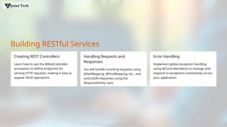 Building RESTful Services
Creating REST Controllers
Learn how to use the @RestController
annotation to define endpoints for
serving HTTP requests, making it easy to
expose CRUD operations.
Handling Requests and
Responses
You will handle incoming requests using
@GetMapping, @PostMapping, etc., and
send JSON responses using the
ResponseEntity class.
Error Handling
Implement global exception handling
using @ControllerAdvice to manage and
respond to exceptions consistently across
your application.
 