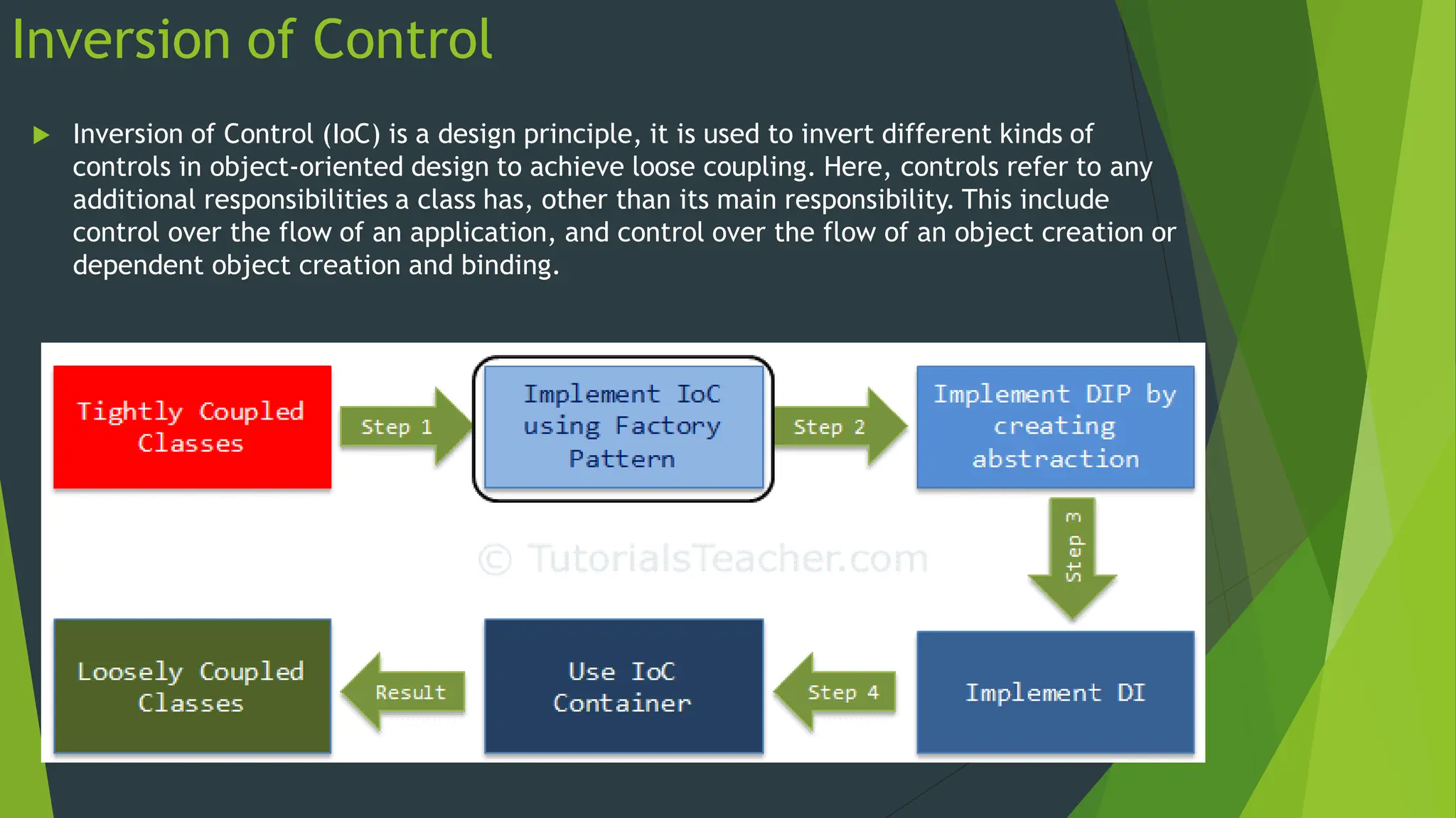 Inversion of Control
 Inversion of Control (IoC) is a design principle, it is used to invert different kinds of
controls in object-oriented design to achieve loose coupling. Here, controls refer to any
additional responsibilities a class has, other than its main responsibility. This include
control over the flow of an application, and control over the flow of an object creation or
dependent object creation and binding.
 