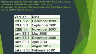 Actually, the Eclipse Foundation legally had to rename Java EE. That's
because Oracle has the rights over the “Java” brand.
So to choose the new name, the community voted and picked: Jakarta
EE. In a certain way, it's still JEE.
 