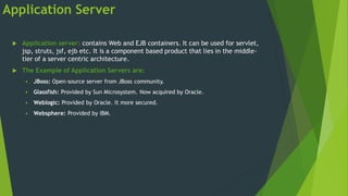 Application Server
 Application server: contains Web and EJB containers. It can be used for servlet,
jsp, struts, jsf, ejb etc. It is a component based product that lies in the middle-
tier of a server centric architecture.
 The Example of Application Servers are:
 JBoss: Open-source server from JBoss community.
 Glassfish: Provided by Sun Microsystem. Now acquired by Oracle.
 Weblogic: Provided by Oracle. It more secured.
 Websphere: Provided by IBM.
 