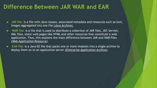 Difference Between JAR WAR and EAR
 JAR file: is a file with Java classes, associated metadata and resources such as text,
images aggregated into one file (Java Archive).
 WAR file: is a file that is used to distribute a collection of JAR files, JSP
, Servlet,
XML files, static web pages like HTML and other resources that constitute a web
application. Thus, this explains the main difference between JAR and WAR Files
(Web Application Resource).
 EAR file: is a Java EE file that packs one or more modules into a single archive to
deploy them on to an application server (Enterprise Application Archive).
 