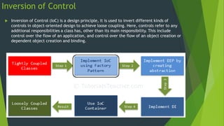 Inversion of Control
 Inversion of Control (IoC) is a design principle, it is used to invert different kinds of
controls in object-oriented design to achieve loose coupling. Here, controls refer to any
additional responsibilities a class has, other than its main responsibility. This include
control over the flow of an application, and control over the flow of an object creation or
dependent object creation and binding.
 