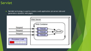 Servlet
 Servlet technology is used to create a web application (at server side and
generates a dynamic web page).
 