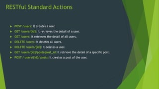 RESTful Standard Actions
 POST /users: It creates a user.
 GET /users/{id}: It retrieves the detail of a user.
 GET /users: It retrieves the detail of all users.
 DELETE /users: It deletes all users.
 DELETE /users/{id}: It deletes a user.
 GET /users/{id}/posts/post_id: It retrieve the detail of a specific post.
 POST / users/{id}/ posts: It creates a post of the user.
 