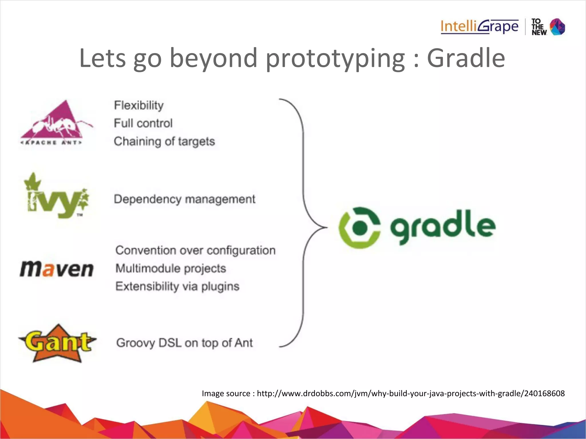 Lets go beyond prototyping : Gradle
Image source : http://www.drdobbs.com/jvm/why-build-your-java-projects-with-gradle/240168608
 