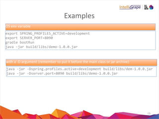 Examples
13
export SPRING_PROFILES_ACTIVE=development
export SERVER_PORT=8090
gradle bootRun
java -jar build/libs/demo-1.0.0.jar
java -jar -Dspring.profiles.active=development build/libs/dem-1.0.0.jar
java -jar -Dserver.port=8090 build/libs/demo-1.0.0.jar
OS env variable
with a -D argument (remember to put it before the main class or jar archive)
 