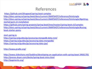References
19
https://github.com/bhagwat/spring-boot-samples
http://docs.spring.io/spring-boot/docs/current-SNAPSHOT/reference/htmlsingle
http://docs.spring.io/spring-boot/docs/current-SNAPSHOT/reference/htmlsingle/#getting-
started-gvm-cli-installation
https://github.com/spring-projects/spring-boot/tree/master/spring-boot-cli/samples
http://docs.spring.io/spring-boot/docs/current-SNAPSHOT/reference/htmlsingle/#using-
boot-starter-poms
start.spring.io
http://spring.io/guides/gs/accessing-mongodb-data-rest/
https://spring.io/guides/gs/accessing-data-mongodb/
https://spring.io/guides/gs/accessing-data-jpa/
http://www.gradle.org/
http://www.slideshare.net/Soddino/developing-an-application-with-spring-boot-34661781
http://presos.dsyer.com/decks/spring-boot-intro.html
http://pygments.org/
 