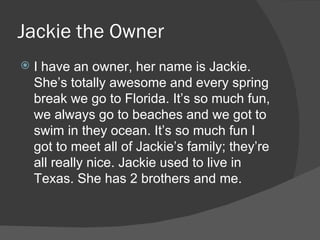 Jackie the Owner I have an owner, her name is Jackie. She’s totally awesome and every spring break we go to Florida. It’s so much fun, we always go to beaches and we got to swim in they ocean. It’s so much fun I got to meet all of Jackie’s family; they’re all really nice. Jackie used to live in Texas. She has 2 brothers and me. 
