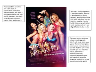 Poster could link to Bulmer
And Kazz’s ‘Uses of
Gratification’ point about
persona identity, and make a
young audience see the ‘cool’
looking teenagers and aspire
to be like them, therefore
making them want to see it.
This film is clearly targeted at
a teenage audience. Because
it would appeal to young
people it would be something
they could talk about and see
together, allowing them to
build relationships with others
which is an example of a use
of gratification in the media.
The poster seems extremely
unique, including girls in
bikini’s with guns, which goes
against the norm. Seeing this
poster would make you want
to watch the film, as it would
probably give you one of the
uses of gratification –
diversion. Watching
something with an original
and interesting story line
allows the audience to escape
and go into another world.
 