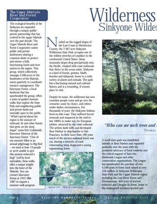 estled on the rugged slopes of
the Lost Coast in Mendocino
County, the 7,367-acre Sinkyone
Wilderness State Park occupies one of
the wildest stretches of coastline in the
continental United States. Steep
mountain slopes drop precipitously into
the Pacific, cloaked with coast redwoods
that thrive in the ocean mists. Sinkyone
is a land of forests, prairies, bluffs,
beaches and tidepools: home to a wide
variety of plants and animals. The park
has a fascinating natural and cultural
history and is a rewarding, if remote,
place to visit.
Despite its name, the wilderness has seen
countless people come and go over the
centuries: some by choice, and others
under darker circumstances. For
thousands of years, the Sinkyone Indians
lived on this coast. They suffered forced
removals and massacres in the mid to
late 1800’s to make way for European
settlers, attracted by the coast redwood.
The settlers built mills and developed
Bear Harbor to ship lumber to San
Francisco. In little more than 100 years
much of the ancient redwood forest was
cut, leaving a network of roads
crisscrossing steep slopes and a young
regenerating forest.
A small state park was established
initially at Bear Harbor and expanded
gradually over the years with the
persistent advocacy of local residents and
the critical support of Save-the-
Redwoods League and other
conservation organizations. The League
has spearheaded the purchase of over
4,500-acres of forest land valued at over
$16 million in Sinkyone Wilderness
State Park and the Upper Mattole region
including the Lost River Forest and
Dreamstream, 405-acres of ancient
redwood and Douglas-fir forest, home to
the endangered northern spotted owl.
Wilderness
Sinkyone Wilder
N
S a v e - t h e - R e d w o o d s L e a g u e | S p r i n g B u l l e t i n    Page 
“Who can see such trees and b
Thomas
The Upper Mattole
River and Forest
Cooperative
The ecological benefits of the
Sinkyone are expanded
through a unique public-
private partnership that has
evolved in the upper Mattole
over the past decade. The
Upper Mattole River and
Forest Cooperative unites
public and private
landowners sharing a
common desire to protect
and restore a fully
functioning forest and river
system in the region. This
group, which collectively
manages 3,500-acres in the
headwaters of the Mattole,
meets quarterly to coordinate
resource management. The
Sanctuary Forest, a local
landtrust that has
spearheaded the group, offers
a series of guided summer
walks that explore the State
Park and neighboring public
and private lands not
normally open to the public.
“What’s special about the
region is the mixture of
redwood, fir and other forests
that grow on the steep
slopes” notes Eric Goldsmith,
Executive Director of the
Sanctuary Forest. “One of
our summer hikes is an
annual pilgrimage to Big Red
– we need at least 13-people
or we’re unable to give
this ancient redwood a
hug!” Led by local
naturalists, these walks
offer a unique insight
into the heart of the
Mattole. You can
contact Sanctuary
Forest at (707) 986-
1087 to request a
summer walk program.
Spotted Owl Photo by Carrie Grant
 
