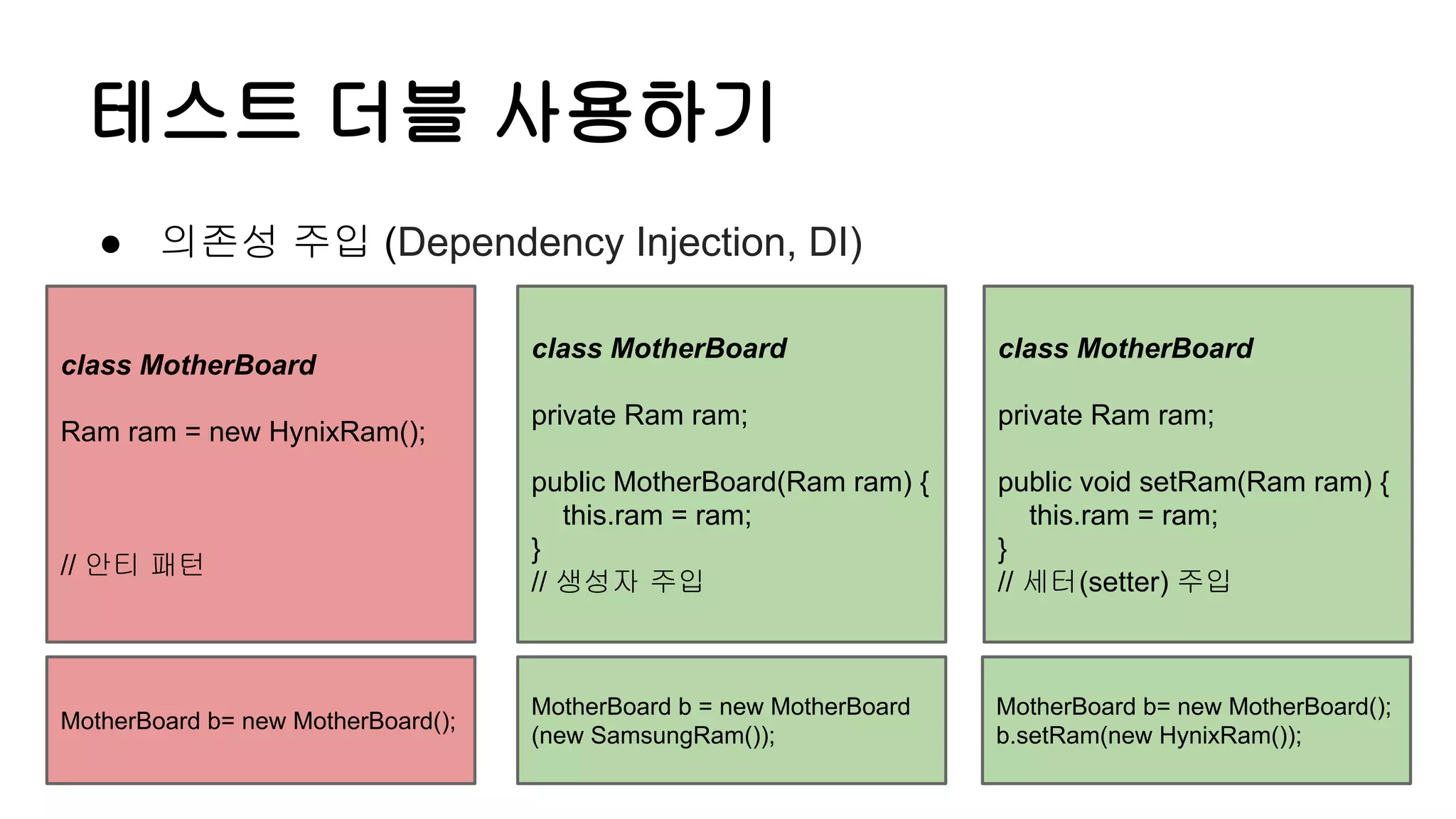 테스트 더블 사용하기
● 의존성 주입 (Dependency Injection, DI)
class MotherBoard
private Ram ram;
public MotherBoard(Ram ram) {
this.ram = ram;
}
// 생성자 주입
class MotherBoard
private Ram ram;
public void setRam(Ram ram) {
this.ram = ram;
}
// 세터(setter) 주입
class MotherBoard
Ram ram = new HynixRam();
// 안티 패턴
MotherBoard b = new MotherBoard
(new SamsungRam());
MotherBoard b= new MotherBoard();
b.setRam(new HynixRam());
MotherBoard b= new MotherBoard();
 