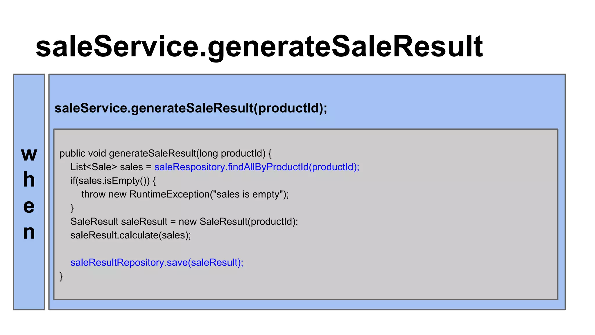 saleService.generateSaleResult
saleService.generateSaleResult(productId);
w
h
e
n
public void generateSaleResult(long productId) {
List<Sale> sales = saleRespository.findAllByProductId(productId);
if(sales.isEmpty()) {
throw new RuntimeException("sales is empty");
}
SaleResult saleResult = new SaleResult(productId);
saleResult.calculate(sales);
saleResultRepository.save(saleResult);
}
 