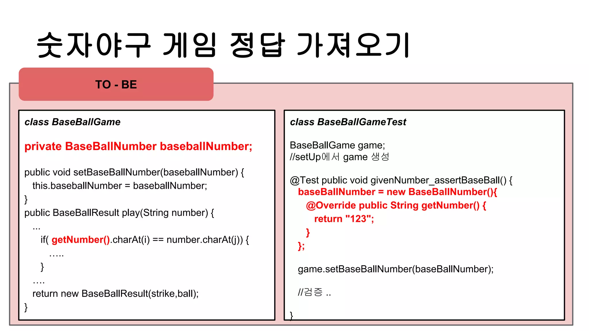 숫자야구 게임 정답 가져오기
class BaseBallGame
private BaseBallNumber baseballNumber;
public void setBaseBallNumber(baseballNumber) {
this.baseballNumber = baseballNumber;
}
public BaseBallResult play(String number) {
...
if( getNumber().charAt(i) == number.charAt(j)) {
…..
}
….
return new BaseBallResult(strike,ball);
}
class BaseBallGameTest
BaseBallGame game;
//setUp에서 game 생성
@Test public void givenNumber_assertBaseBall() {
baseBallNumber = new BaseBallNumber(){
@Override public String getNumber() {
return "123";
}
};
game.setBaseBallNumber(baseBallNumber);
//검증 ..
}
TO - BE
 