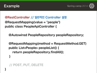 Example Spring camp 2014
@RestController // 일반적인 Controller 설정
@RequestMapping(value = "people")
public class PeopleApiController {
!
@Autowired PeopleRepository peopleRepository;
!
@RequestMapping(method = RequestMethod.GET)
public List<People> peopleList() {
return peopleRepository.findAll();
}
// POST, PUT, DELETE
}
 
