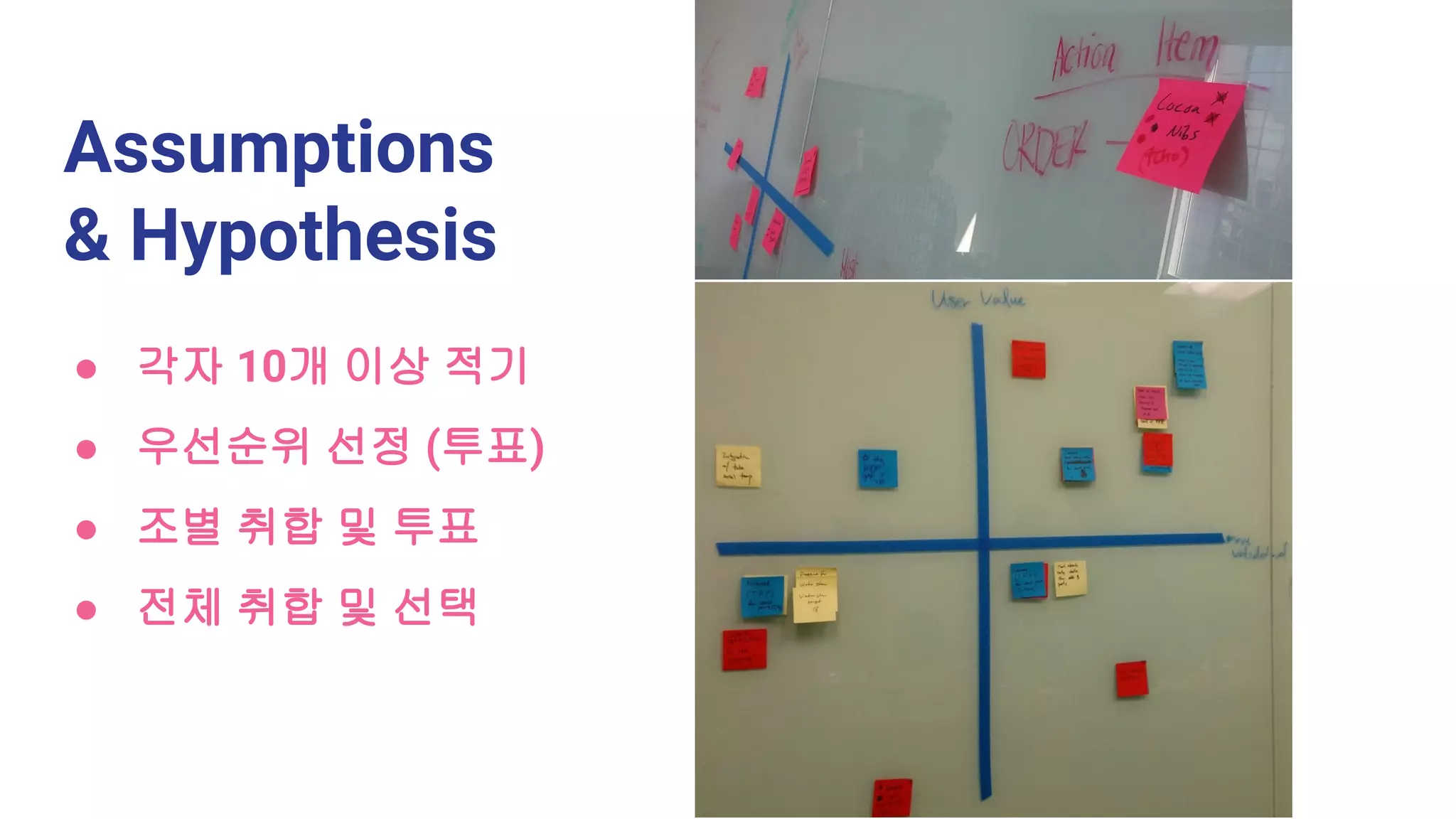 Assumptions
& Hypothesis
● 각자 10개 이상 적기
● 우선순위 선정 (투표)
● 조별 취합 및 투표
● 전체 취합 및 선택
 