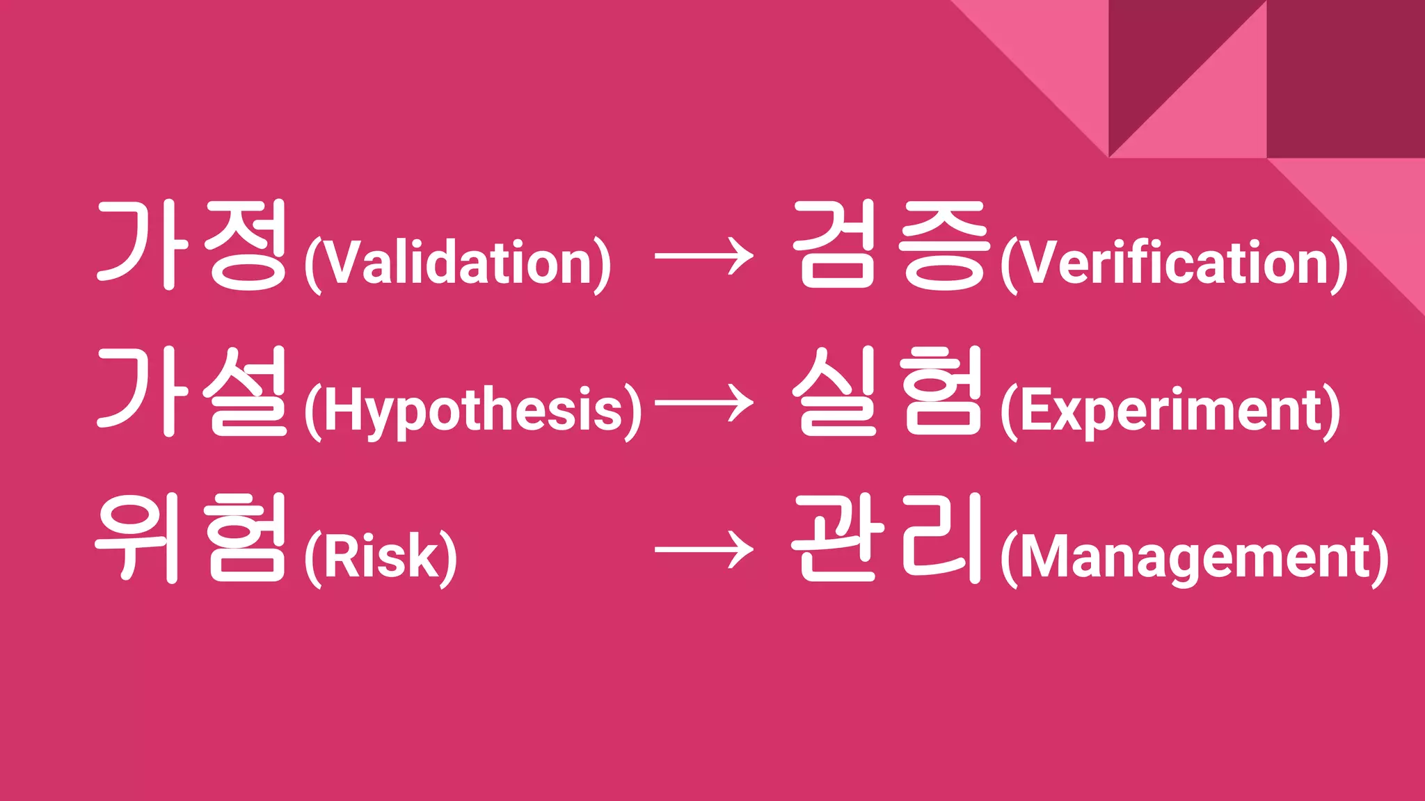 → 검증(Verification)
→ 실험(Experiment)
→ 관리(Management)
가정(Validation)
가설(Hypothesis)
위험(Risk)
 