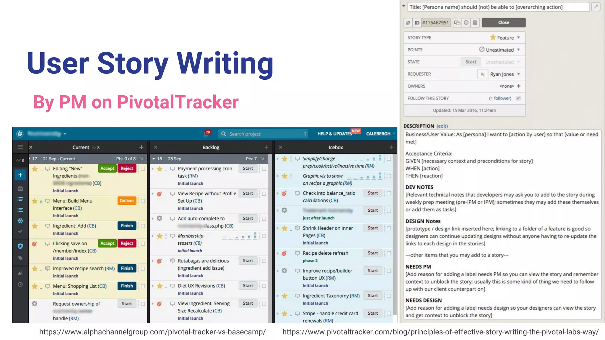 User Story Writing
By PM on PivotalTracker
https://www.pivotaltracker.com/blog/principles-of-effective-story-writing-the-pivotal-labs-way/https://www.alphachannelgroup.com/pivotal-tracker-vs-basecamp/
 