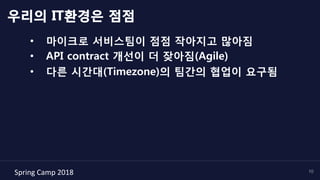 Spring	Camp	2018	 10
우리의 IT환경은 점점
•  마이크로 서비스팀이 점점 작아지고 많아짐
•  API contract 개선이 더 잦아짐(Agile)
•  다른 시간대(Timezone)의 팀간의 협업이 요구됨
 