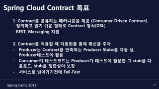 Spring	Camp	2018	 26
Spring Cloud Contract 목표
1. Contract를 공유하는 메커니즘을 제공 (Consumer Driven Contract)
- 정의하고 읽기 쉬운 형태로 Contract 형식(DSL)
- REST, Messaging 지원
2. Contract를 적용할 때 자동화를 통해 확신을 주자
-  Producer는 Contract를 만족하는 Producer Stubs를 자동 생,
Producer테스트에 활용
-  Consumer의 테스트코드는 Producer가 테스트에 활용한 그 stub을 다
운로드, stub은 정합성이 보장
-  서비스로 넘어가기전에 Fail-Fast
 