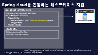 Spring	Camp	2018	 43
Spring cloud를 연동하는 테스트케이스 지원
Beer-client-controller.java
ResponseEntity<Response>	response	=	
this.restTemplate.exchange(	
						RequestEntity	
												.post(URI.create("http://beer-api-from-eureka/check"))	
												.body(person),	
						Response.class);
테스트 코드
@@AutoConfigureMockMvc	
public	class	BeerControllerTest	{	
Stub runner boot
beer-api-from-eureka	
https://github.com/spring-cloud-samples/spring-cloud-contract-samples/tree/master/
consumer_with_discovery	
 