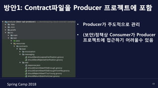 Spring	Camp	2018	 48
방안1: Contract파일을 Producer 프로젝트에 포함
•  Producer가 주도적으로 관리
•  (보안)정책상 Consumer가 Producer
프로젝트에 접근하기 어려울수 있음
 