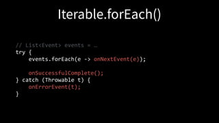 // List<Event> events = …
try {
events.forEach(e -> onNextEvent(e));
onSuccessfulComplete();
} catch (Throwable t) {
onErrorEvent(t);
}
 