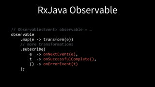 // Observable<Event> observable = …
observable
.map(e -> transform(e))
// more transformations 
.subscribe(
e -> onNextEvent(e),
t -> onSuccessfulComplete(),
() -> onErrorEvent(t)
);
 