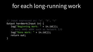// input expressed as: ‘a’, ‘b’, ‘c’
Output hardWork(Input in) {
log("Beginning Work: " + in.id());
// Very HARD WORK such as Network I/O
log("Done Work: " + in.id());
return out;
}
 