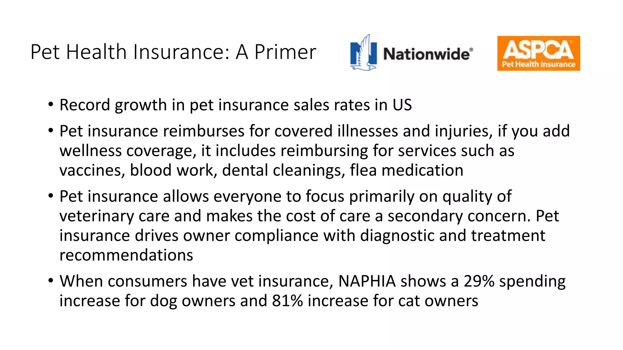 Pet Health Insurance: A Primer
• Record growth in pet insurance sales rates in US
• Pet insurance reimburses for covered illnesses and injuries, if you add
wellness coverage, it includes reimbursing for services such as
vaccines, blood work, dental cleanings, flea medication
• Pet insurance allows everyone to focus primarily on quality of
veterinary care and makes the cost of care a secondary concern. Pet
insurance drives owner compliance with diagnostic and treatment
recommendations
• When consumers have vet insurance, NAPHIA shows a 29% spending
increase for dog owners and 81% increase for cat owners
 