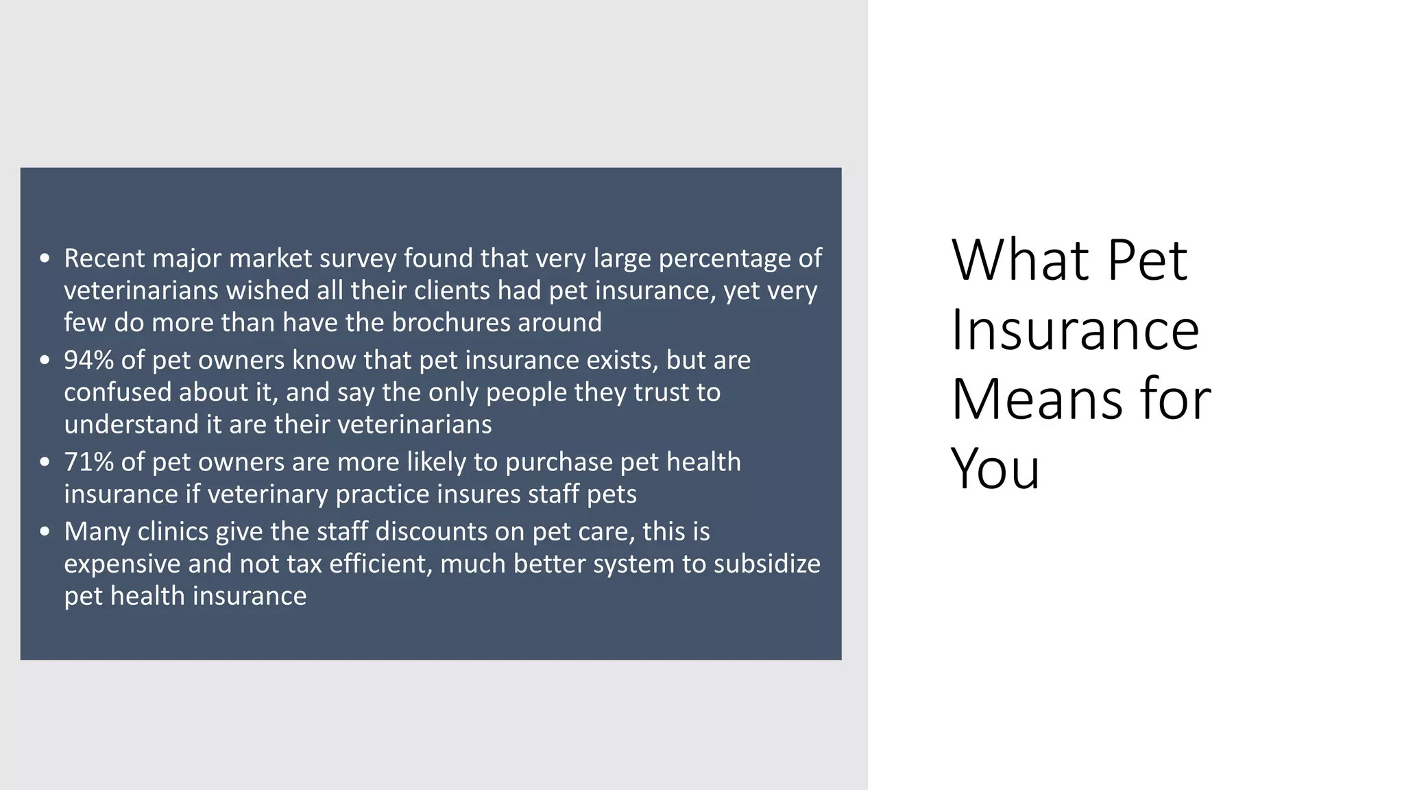 What Pet
Insurance
Means for
You
• Recent major market survey found that very large percentage of
veterinarians wished all their clients had pet insurance, yet very
few do more than have the brochures around
• 94% of pet owners know that pet insurance exists, but are
confused about it, and say the only people they trust to
understand it are their veterinarians
• 71% of pet owners are more likely to purchase pet health
insurance if veterinary practice insures staff pets
• Many clinics give the staff discounts on pet care, this is
expensive and not tax efficient, much better system to subsidize
pet health insurance
 
