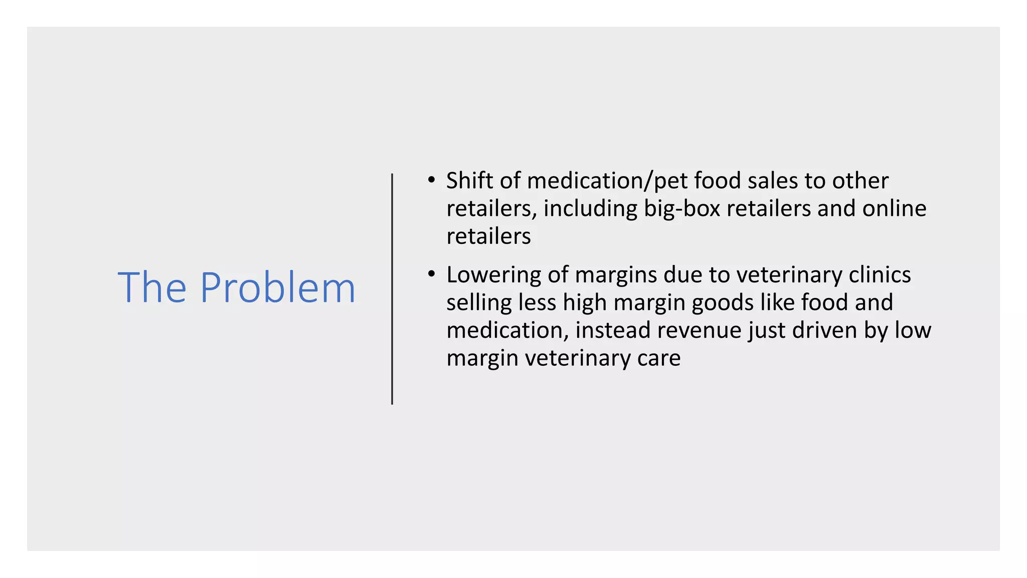 The Problem
• Shift of medication/pet food sales to other
retailers, including big-box retailers and online
retailers
• Lowering of margins due to veterinary clinics
selling less high margin goods like food and
medication, instead revenue just driven by low
margin veterinary care
 