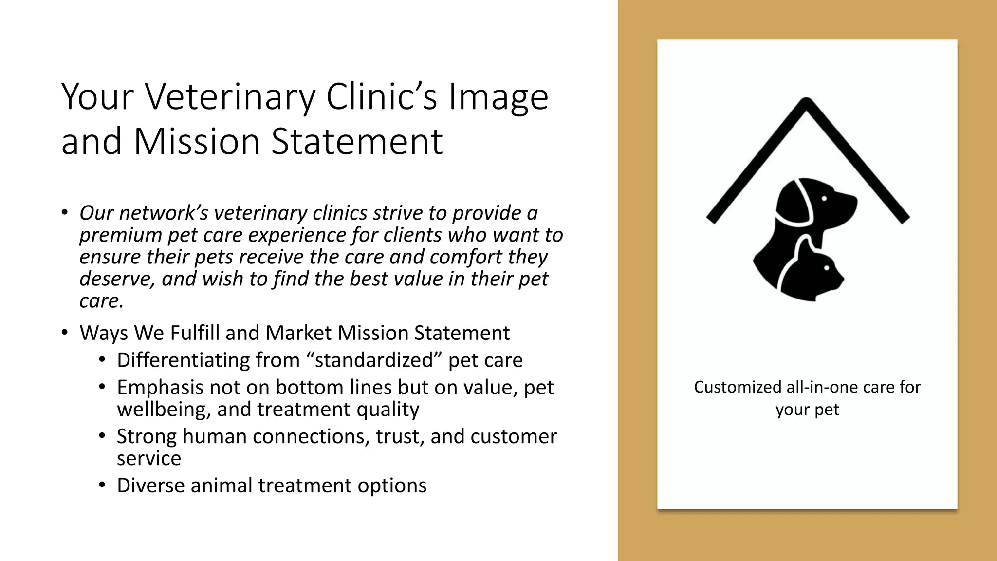 Your Veterinary Clinic’s Image
and Mission Statement
• Our network’s veterinary clinics strive to provide a
premium pet care experience for clients who want to
ensure their pets receive the care and comfort they
deserve, and wish to find the best value in their pet
care.
• Ways We Fulfill and Market Mission Statement
• Differentiating from “standardized” pet care
• Emphasis not on bottom lines but on value, pet
wellbeing, and treatment quality
• Strong human connections, trust, and customer
service
• Diverse animal treatment options
Customized all-in-one care for
your pet
 