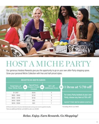 STYLES VARY BY SEASON




HOST A MICHE PARTY
Our generous Hostess Rewards give you the opportunity to go on your own after-Party shopping spree.
Grow your personal Miche Collection with free and half-priced styles.

                               HOSTESS REWARDS

                                              Spend Your
      Total Sales of
    Your Miche Party
                                             Entire Credit
                                               Amount
                                                                                   50% off
                                                                               Additional Items        1 item at %70 off
              $1,000*                                $200                                       4
           $800 - $999                               $150                                       3      For every Party booked at your own
           $600 - $799                               $100                                       3      Party, choose any item at 70% off!*
           $400 - $599                                $50                                       2
                                                                                                       KEEP THE REWARDS GOING!
           $200 - $399                                $20                                       1

All Hostess Rewards are based on individual product pricing and cannot be applied to bundles.       *Excluding Miche Luxe Shells
*Earn an additional $40 for each $200 in sales over $1,000




                                   Relax. Enjoy. Earn Rewards. Go Shopping!
                                                                                                                                             78
 