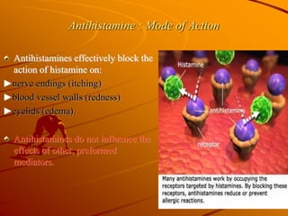 Antihistamine : Mode of Action
Antihistamines effectively block the
action of histamine on:
►nerve endings (itching)
►blood vessel walls (redness)
►eyelids (edema).
Antihistamines do not influence the
effects of other, preformed
mediators.
 