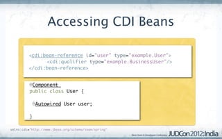Accessing CDI Beans

        	<cdi:bean-reference id="user" type="example.User">
               <cdi:qualifier type="example.BusinessUser"/>
       	 </cdi:bean-reference>


       	 @Component 
       	 public class User {

       	     @Autowired User user;

       	 }

xmlns:cdi="http://www.jboss.org/schema/seam/spring"
 